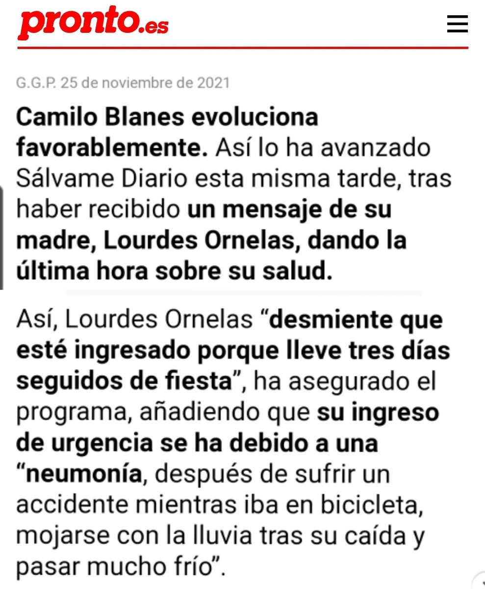 CamiloBlanesFMX's tweet photo. Camilo Blanes internado de urgencia en hospital de Madrid x neumonía, después de accidente en bicicleta y pasar tiempo en frío sin poder moverse. Su madre, está a su lado e informa q su hijo evoluciona favorablemente, tiene q estar varios días en hospital y se encuentra en planta https://t.co/G2Pmt3DO9E