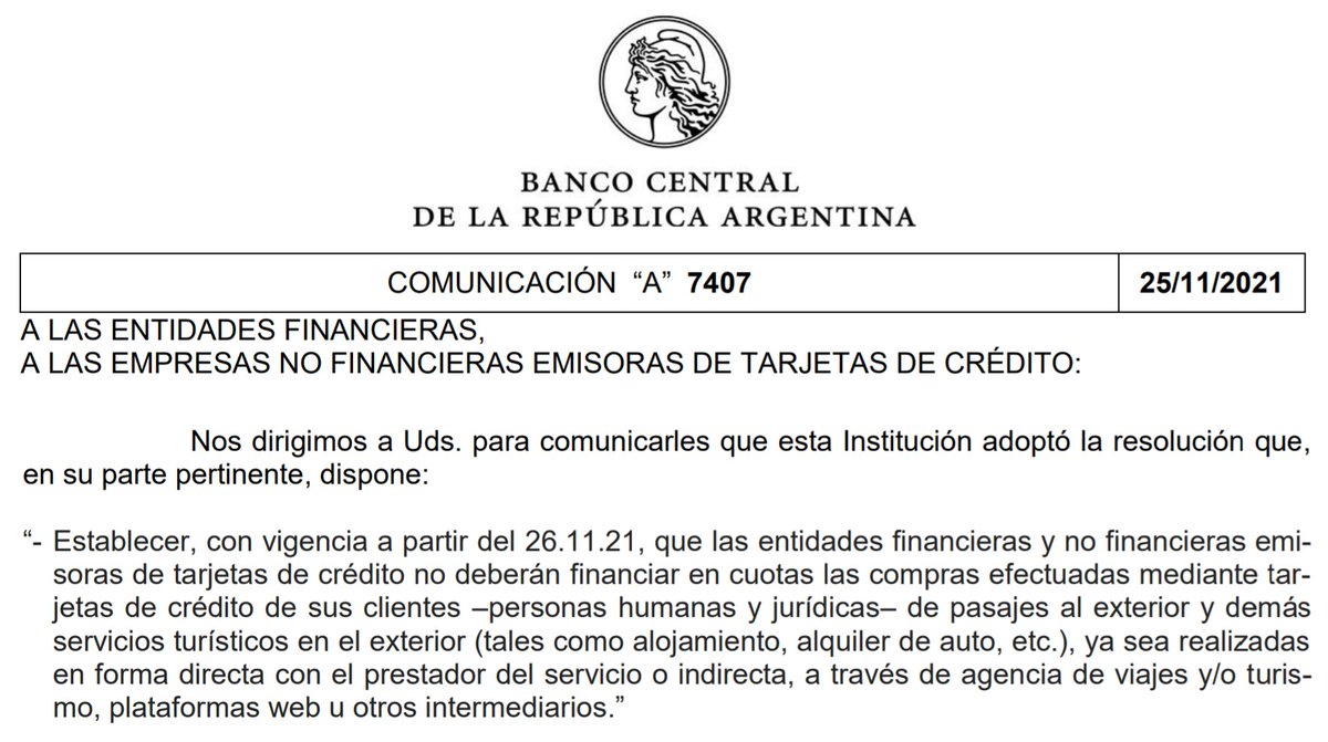 porquetendencia's tweet photo. "Banco Central":
Porque dispuso que las entidades emisoras de tarjetas de crédito no pueden financiar pasajes y servicios turísticos al exterior en cuotas https://t.co/3nEZWIry0W
