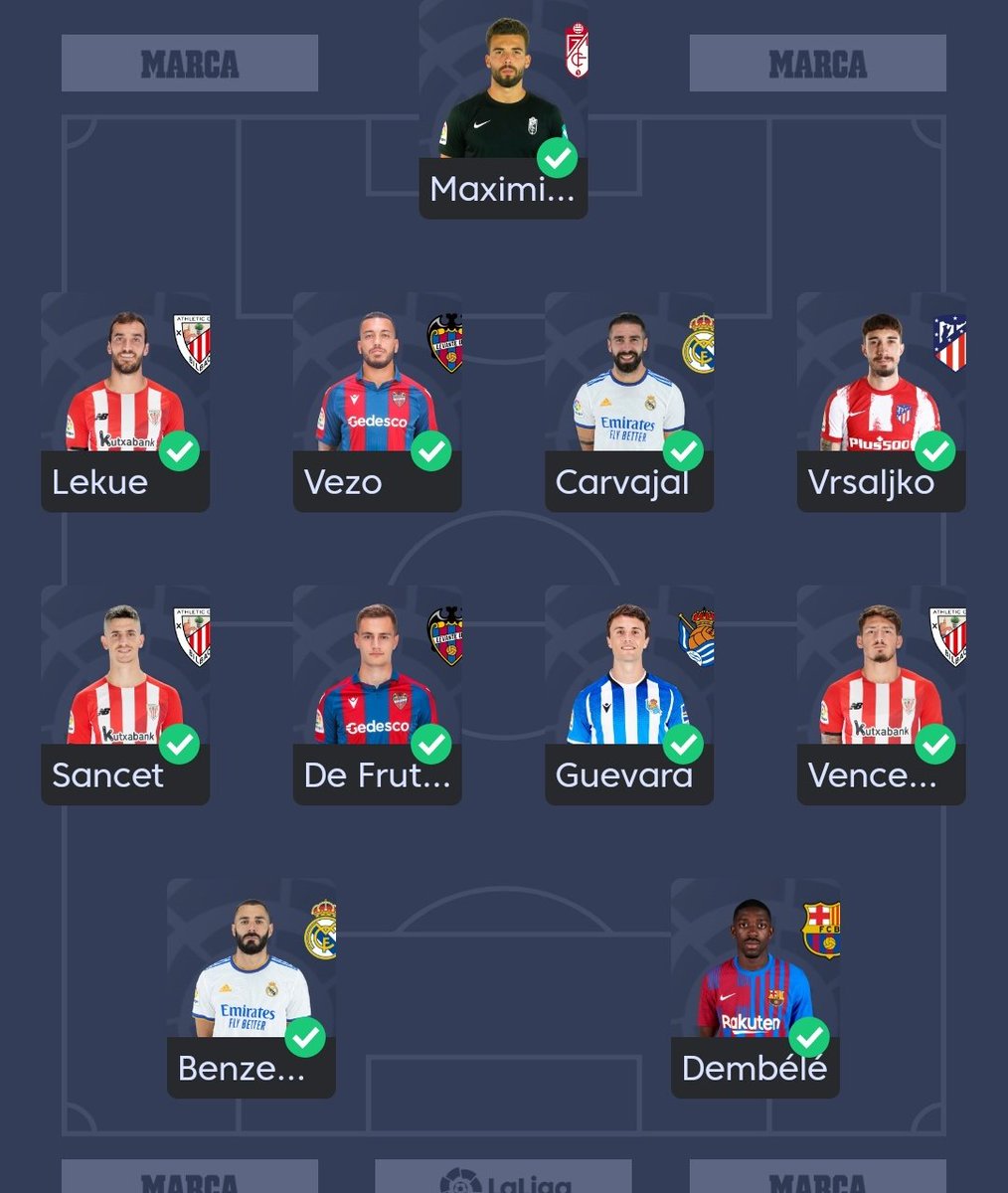 POTATOFC9's tweet photo. Once para esta jornada, confianza en el bilbao en casa contra el granada, en el levante(por cojones), madrid, confianza en que dembou entre en 2 parte y meta un golito, y vrsaliko el atm tiene q hacer algo tras la pechofriada.

Seguimos mejorando, Dembou,Benzema,Carvajal... https://t.co/t8fubvN7wg