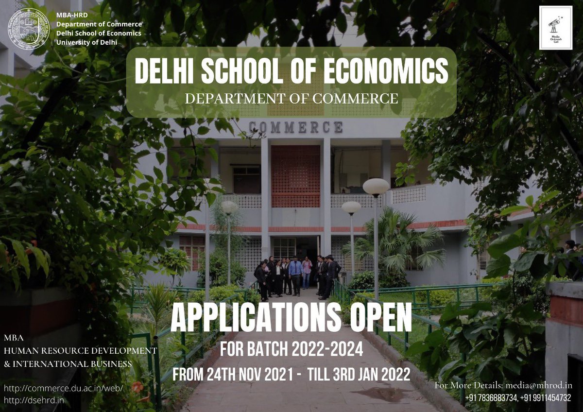 mba_dse's tweet photo. Admissions For 2022-24!
Department of Commerce, Delhi School of Economics, University of Delhi is delighted to announce the commencement of the application process for MBA (Human Resource Development and International Business ) for the academic session 2022-24.@Dept_commercedu https://t.co/iPZVqH2TQA