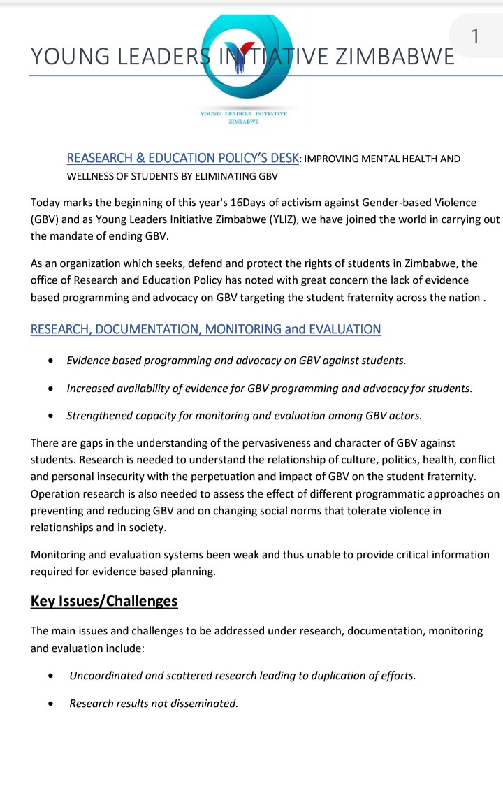 LeadersZimbabwe's tweet photo. YLIZ RESEARCH & EDUCATION POLICY 's Desk!
"Improving Mental Health & Wellness of Students by eliminating GBV"
#studentsDecide https://t.co/OEfmm0zHc3