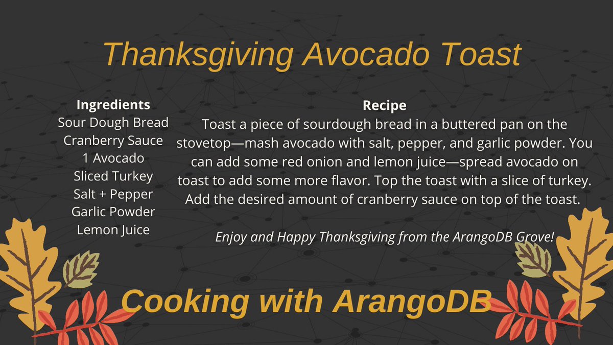 arangoai's tweet photo. Happy Thanksgiving from the Avocado Grove! π¦π
Enjoy this special #CookingWithArangoDB holiday-themed treat (of course, we had to give you an avocado special). Wishing everyone the best this holiday weekend. ππ https://t.co/HWwRYPGDjB