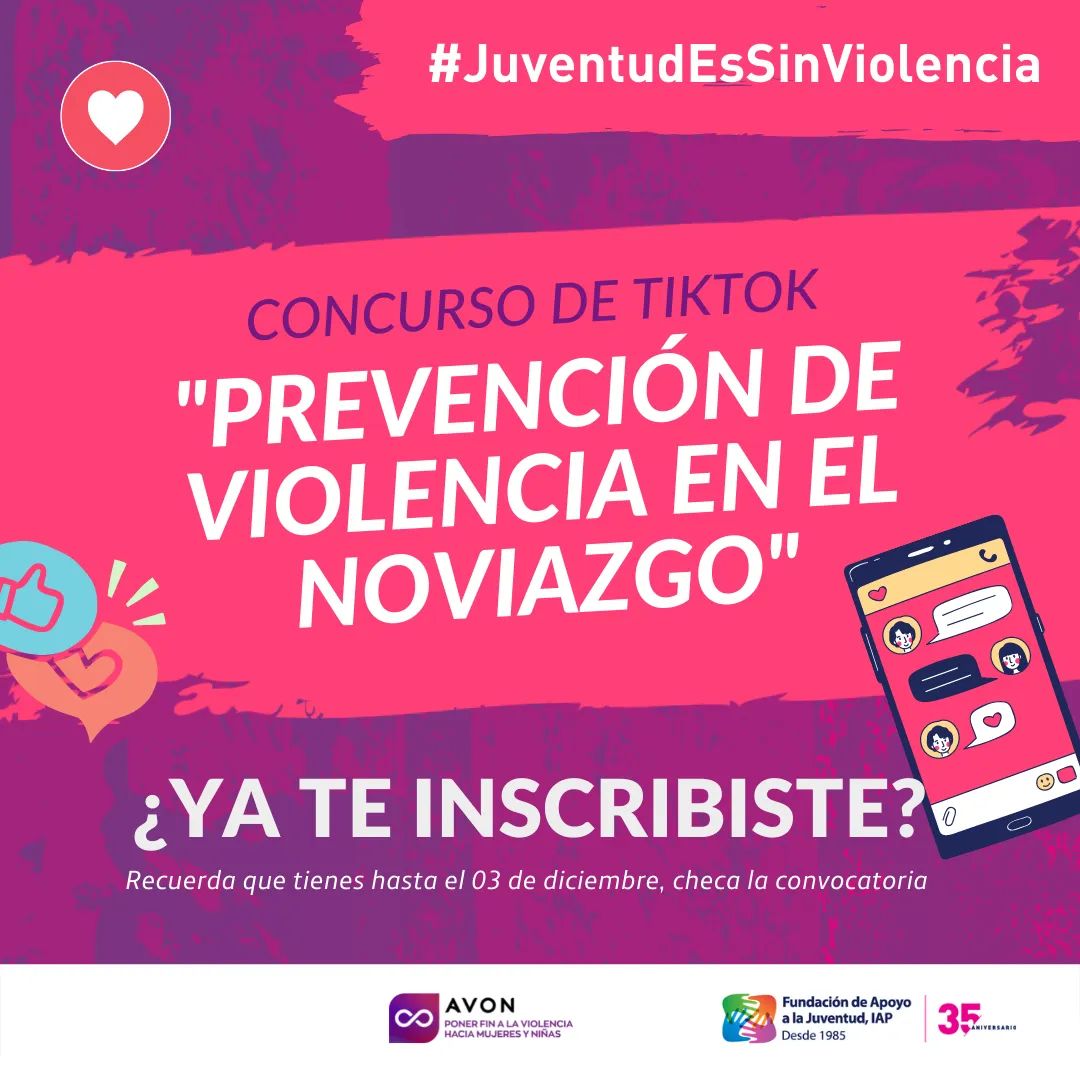FAJ_IAP's tweet photo. Si tomaste el taller de #JuventudEsSinViolencia y aún no te inscribes al concurso de Tiktok ¡Qué esperas! ♥️ #FAJIAP #YoSoyJoven #AlzaLaVoz 💟📣✅ #PromesaAVON Avon #ViolenciaHaciaLasMujeres #DíaNaranja #25N  #16DíasDeActivismo https://t.co/D0QnZCQnOF