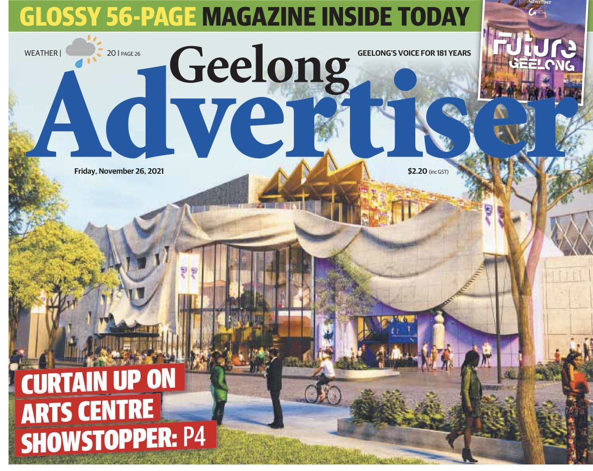 Comm4Geelong's tweet photo. Grab today’s @geelongaddy with exclusive story on @GeelongArts design unveiling &amp; our Future Geelong mag! Celebrating our 20th anniversary with stories of past achievements &amp; hopes and dreams for the future. Thx to all members &amp; stakeholders who helped bring this to fruition. https://t.co/vFgCIR9Xt8