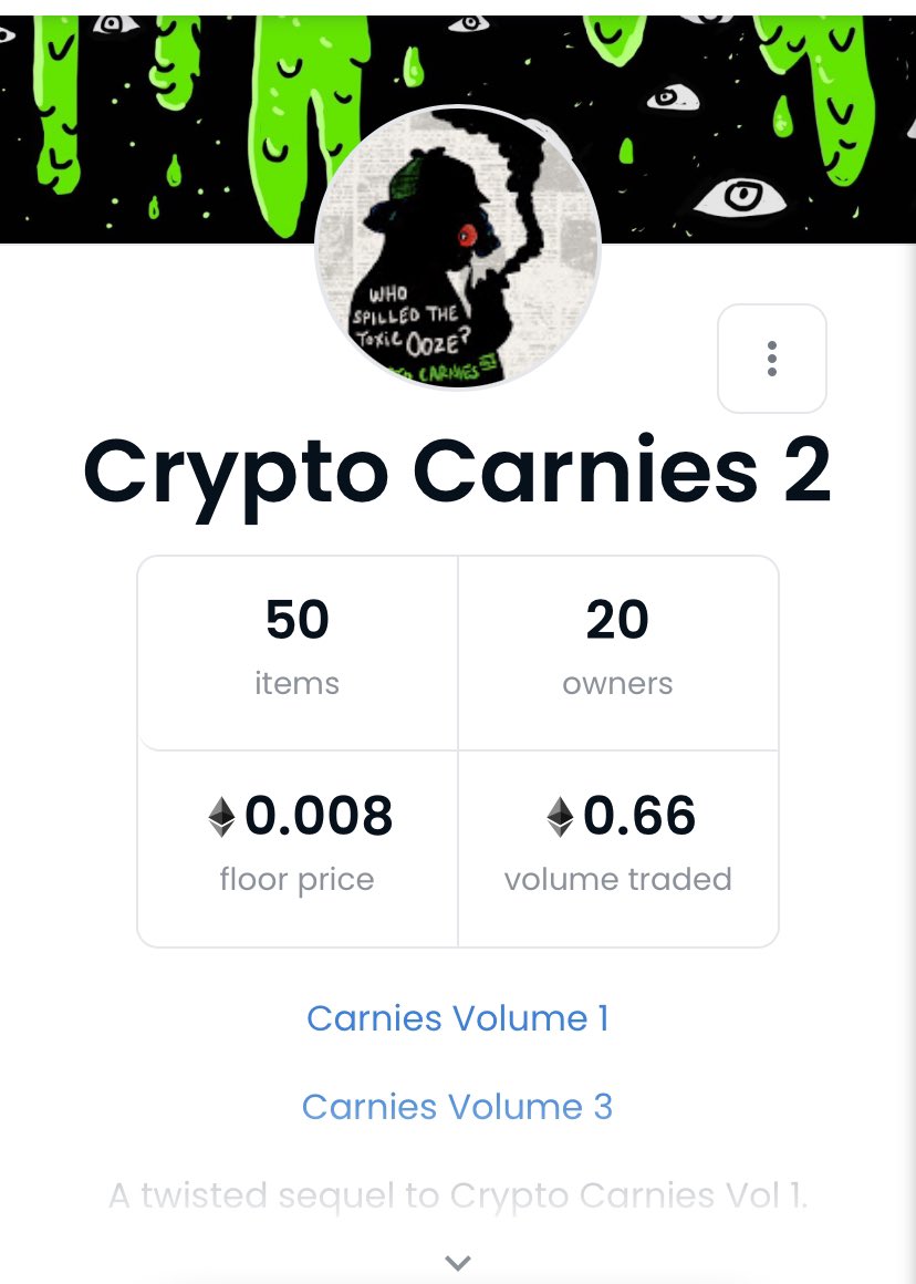 Thank you to anyone and everyone who supports carnies! Even if you haven’t bought a carnie but are just here on my Twitter spittin out good vibes I appreciate you! 7.16 eth traded in total between all three volumes! Carnies isn’t going anywhere!! 💜🤯🤯☢️☢️💯