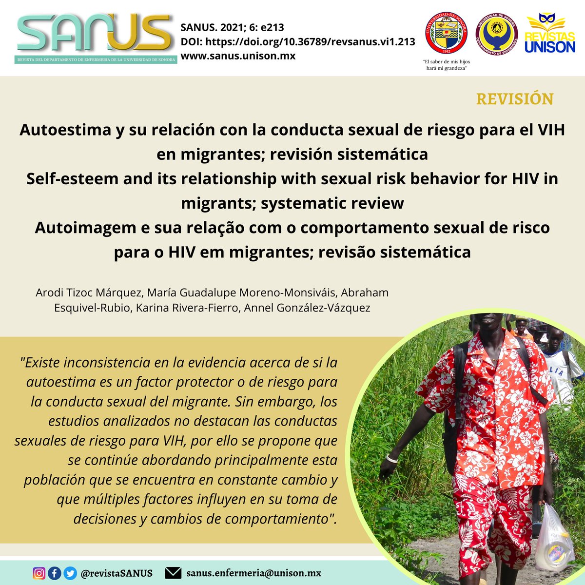 Revista_SANUS's tweet photo. ‼️ Articulo completo: https://t.co/UyX9OzoXCr

#Migrantes #ConductaSexual
#Autoestima #VIH #Migrants
#Sexualbehavior #Selfesteem
#Investigation #Nursing https://t.co/Tj3n42R2W7