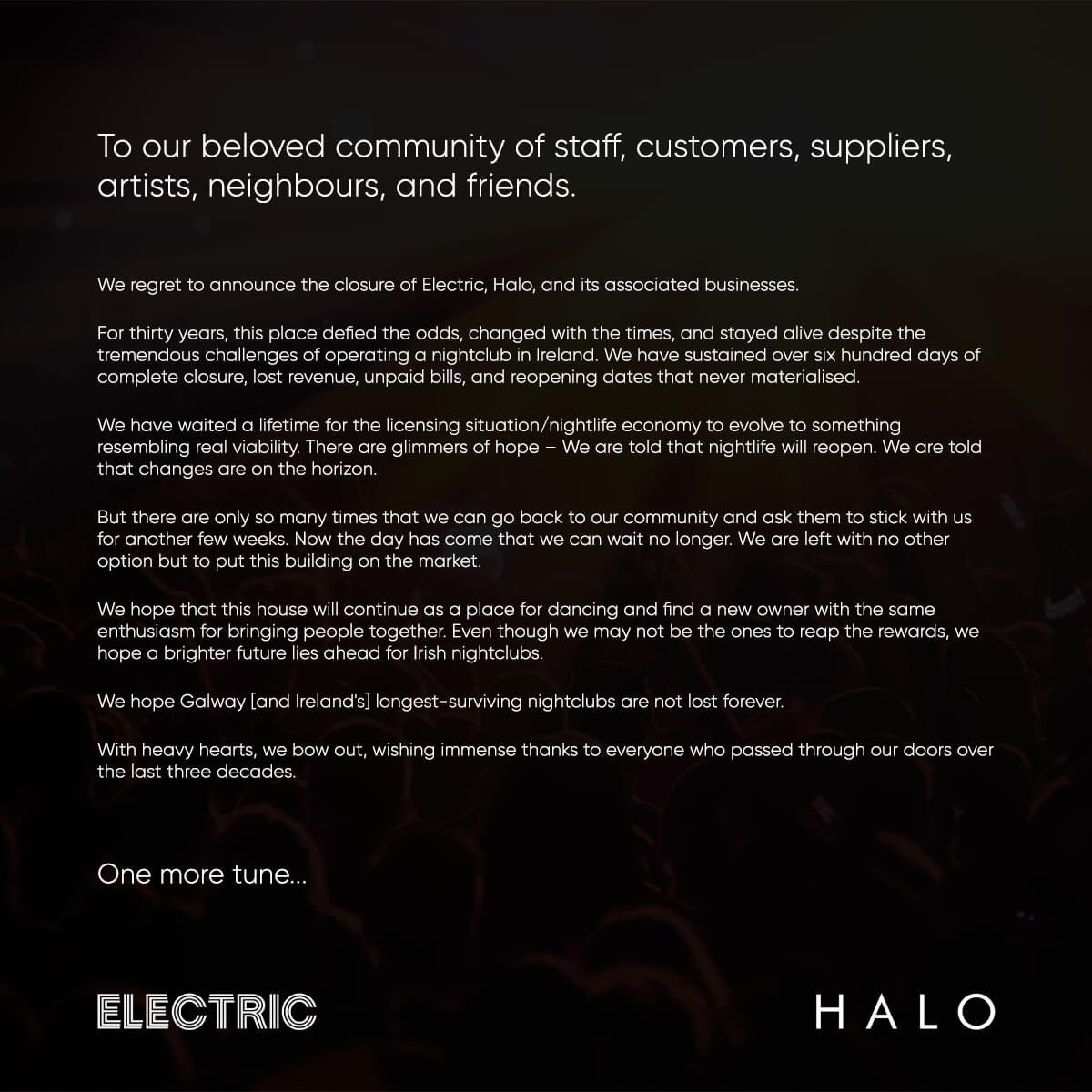 Sadly, Electric in Galway has announced the venue will close its doors. 

It’s the end of an era for Galway’s clubbing landscape.