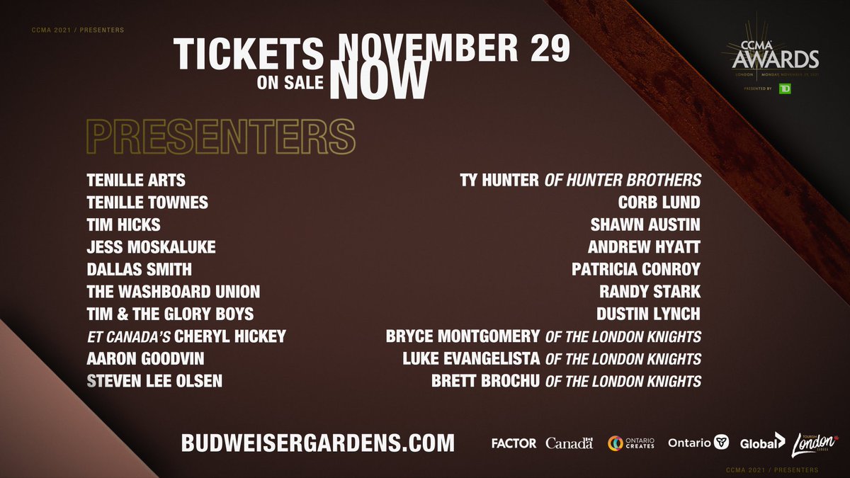 Looking for even more of a reason to attend the 2021 CCMA Awards presented by <a href="/td_canada/">TD (Canada)</a> - check out the official list of presenters who you'll get to see in person! 🏆

Don't forget to grab your tickets at bit.ly/CCMATIX