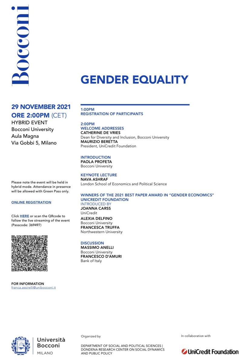 ‼️Register and join us for the 11th edition of the Gender Equality Workshop

🗓 Mon., 29 Nov.
⏰ Registration 1pm, Welcome Address 2pm CET
🖥 Hybrid event 

@Paola_Profeta @CatherineDVries @profnavaashraf @AlexiaDelf @FrancescaTruffa @massimo_anelli @Francesc_DAMURI @Unibocconi