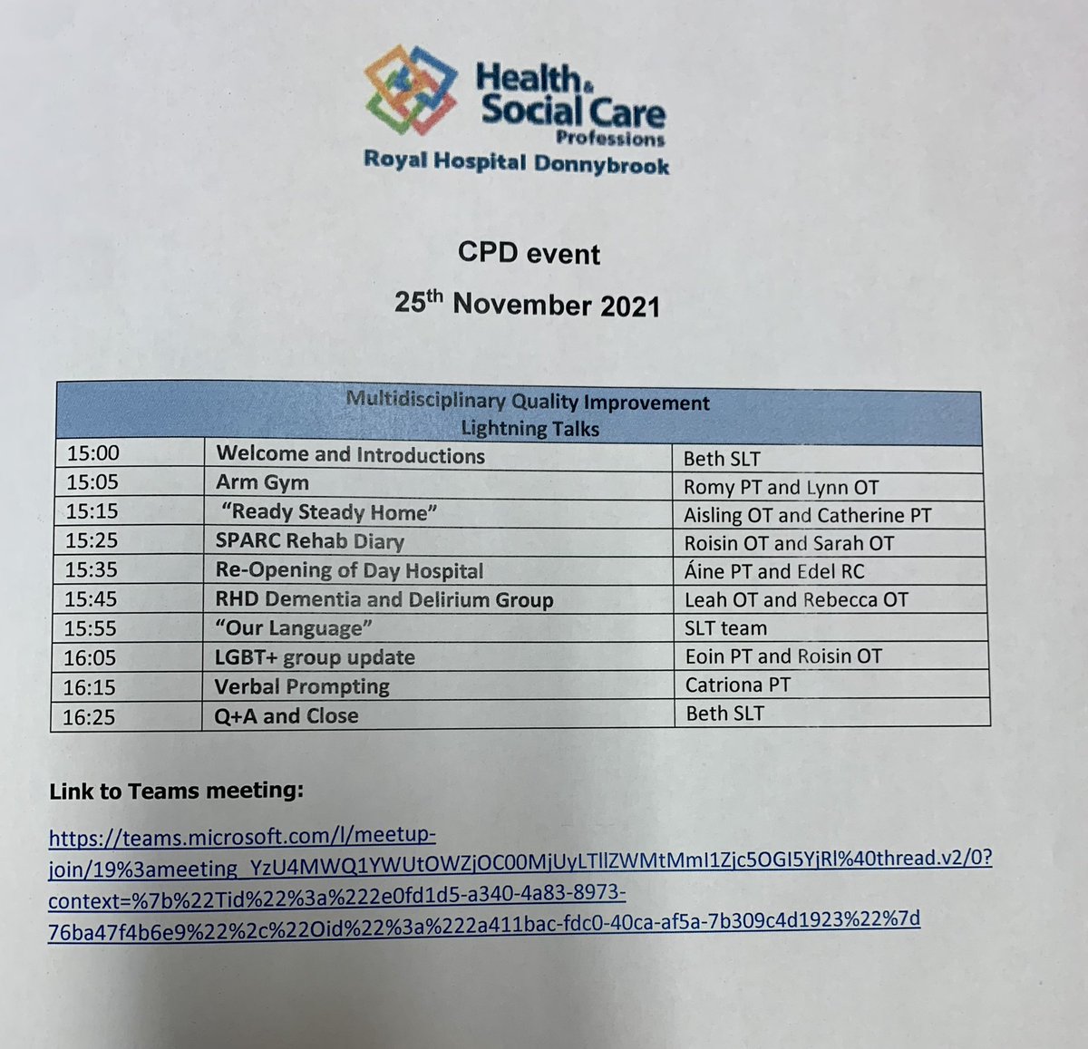 edelphysio's tweet photo. Thanks Áine &amp; @beth_armstrongg &amp; the @RoyalDonnybrook HSCP Group for organising today’s afternoon of Lightning talks ⚡️

Great to see such a range of active QI across the rehab services, showing the power of interdisciplinary collaboration 👏 

Well done to all involved! https://t.co/JvfQWHtf7D