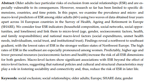 ROSEnet_Action's tweet photo. Congratulations to the #GENPATH team on their new paper: 'Exclusion from Social Relations in Later Life: Micro- and Macro-Level Patterns and Correlations in a
European Perspective' via @IJERPH_MDPI 

https://t.co/3YpsLRho52 https://t.co/2IpwAnZMXE