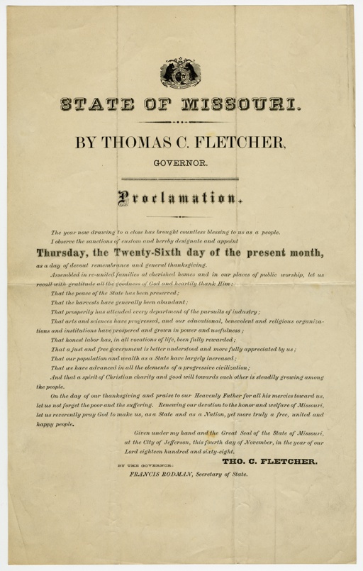 historyaliveKC's tweet photo. Did you know that Thanksgiving was first celebrated nationally in 1863?   It became a federal holiday in 1870.

Pictured: A Proclamation designating November 26 as Thanksgiving in 1868. Courtesy of the @SHSofMo (Check out their great online archives!) https://t.co/FZDGobdNuE