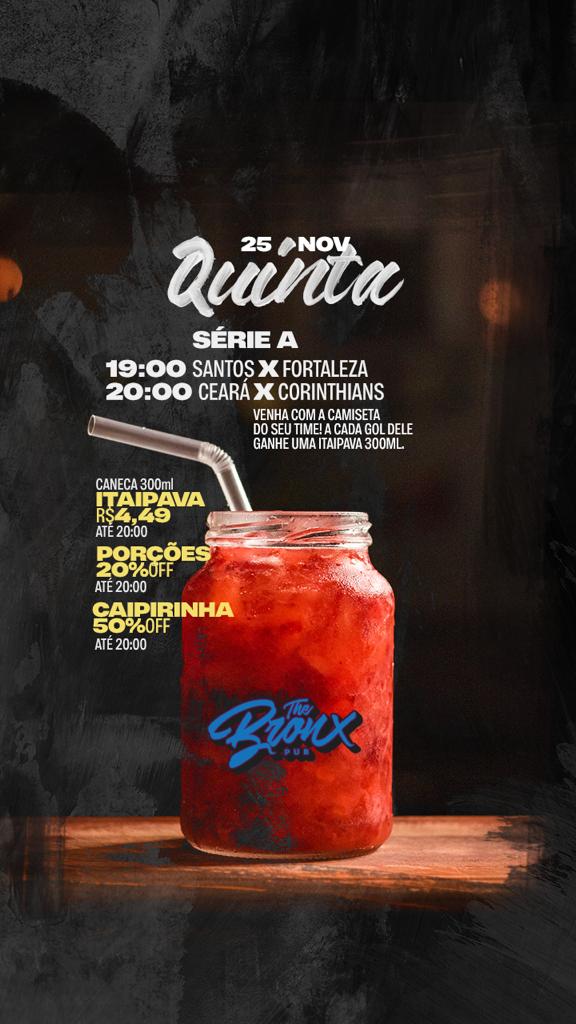 TheBronxPub's tweet photo. QUINTA! ⚽️ FUTEBOL NO BRONX ⚽️💥🍺
Jogaços na tela e promoção? Vem que tá tendo!

📺 JOGOS NAS TELAS:
BRASILEIRÃO SÉRIE A

⚡️ PROMOS ATÉ 20h:
🍺 CANECA ITAIPAVA 300ml R$4,49
🍟 PORÇÕES 20%OFF
🍹 CAIPIRINHA 50%OFF
——————
🚀 #vemprotheBRONX #paranagua #quartafutebol https://t.co/MaQz7Rh5KV