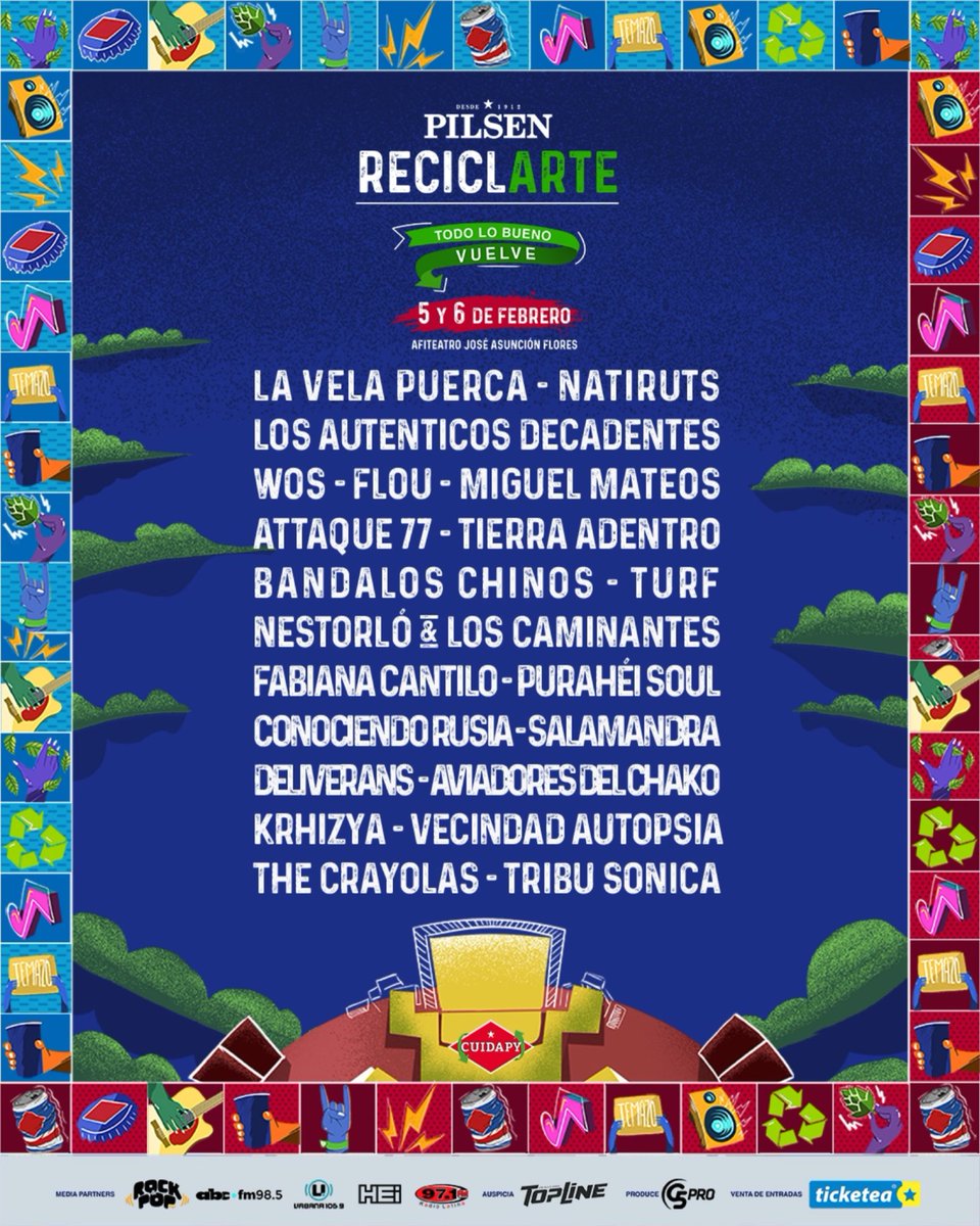 ReciclArtePY's tweet photo. 🇵🇾 ¡Se hizo esperar pero valió la pena! 💥🔥 Se viene el festival más querido del Paraguay, y ahora por 2 días! 🍺 

🎸RECICLARTE 2022 
🗓 5 y 6 de Febrero 
🏟 Anfiteatro José A. Flores
📍San Bernardino

#Reciclarte2022 https://t.co/Do5NbzvgCx