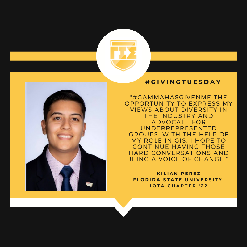 GammaIotaSigma's tweet photo. #GivingTuesday is just around the corner, but you can #GiveToGamma TODAY! Kilian Perez, member of the Iota Chapter at Florida State University, shares his GIS experience for #GivingTuesday.

Give now to #SupportStudents like Kilian: https://t.co/KZ5U6IwbRW https://t.co/nE9MA6I5dl