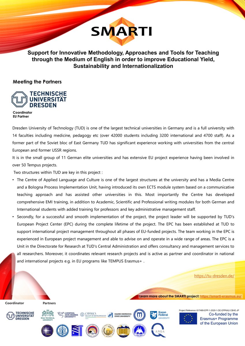 Meet our SMARTI partners!
EU Partner: #TUD (coordinator)

#smarti #erasmusplus #english #armenia #russia #europe