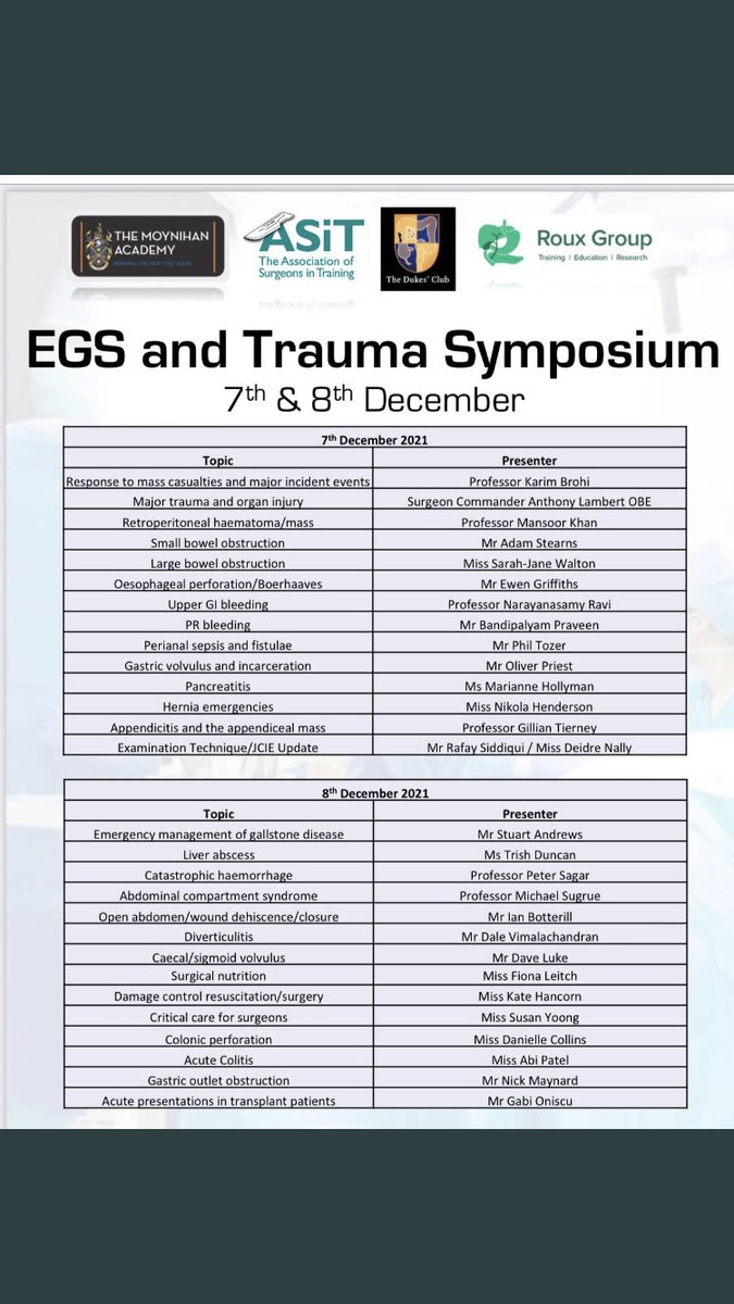 Just when you thought it couldn’t get any better we proudly bring you the list of speakers for the EGS &amp; Trauma symposium! 6 Profs, a Surgeon Commander with an OBE, a bunch of FRCS gold medal winners &amp; a full compliment of experts.
Register here na.eventscloud.com/ereg/newreg.ph…