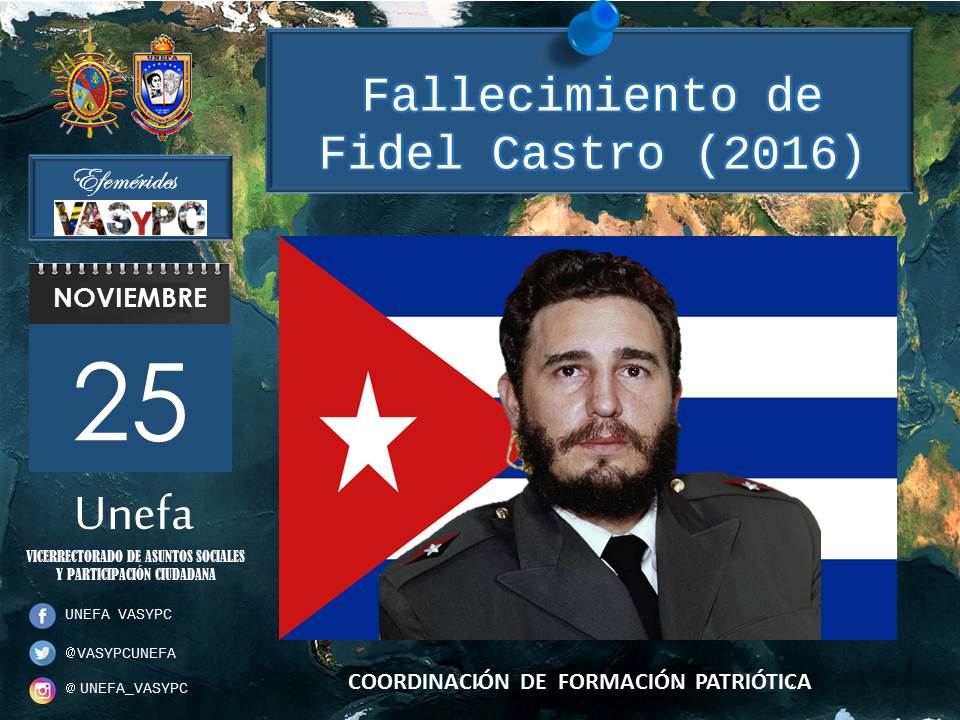 GCNucleoSucre's tweet photo. Fallece en la Habana (Cuba) el #25NOV2016, Fidel Castro Ruz, fue un abogado, político y guerrillero marxista cubano. Líder de la Revolución cubana que logro derrocar al dictador Fulgencio Batista. Gobernó a Cuba como primer ministro (1959-1976) y presidente (1976-2008). https://t.co/go3ID0AKuj