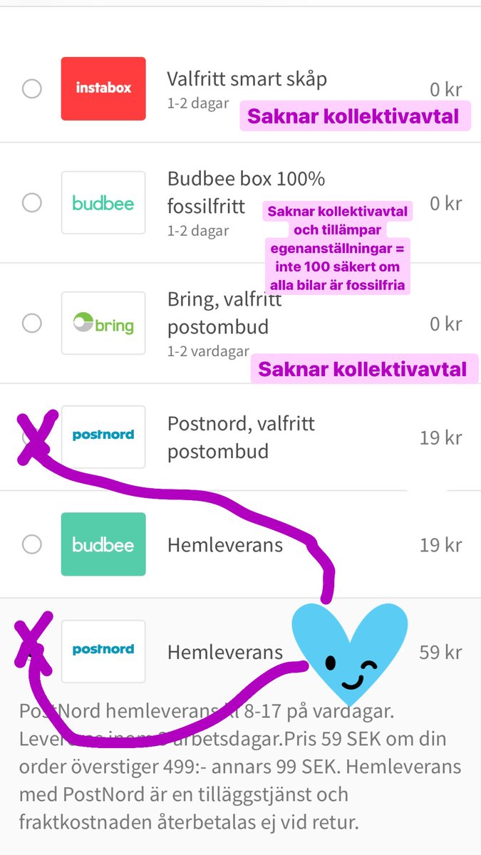 Beställer du för över 1000 kr på Boozt kan det se ut så här. Men det är bara Postnord som erbjuder kollektivavtal till sina anställda. Inte konstigt att de också tar betalt för sina leveranser. #BlackFriday