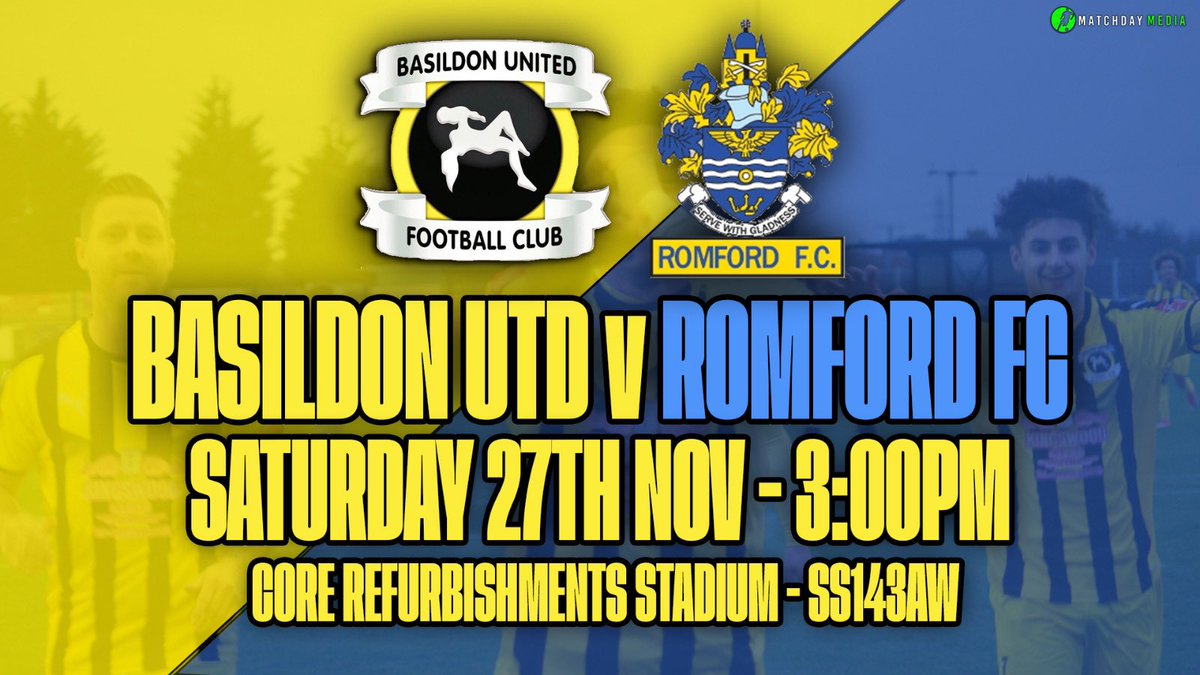 Basildon United Football Club 🐝 (@basutdfc) on Twitter photo 🚨 UP NEXT 🚨
Our Attention turns to yet another <a href="/IsthmianLeague/">The Pitching In Isthmian League</a> this time we face 👇🏻
🆚 <a href="/RomfordFC/">Romford FC</a>
📆 Saturday 27th Nov
⏰ 3pm KO
📍 Core Refurbishment Stadium, Basildon, Essex, SS14 3AW.
Adults £10 Concessions £5 Under 16’s £2. Turnstiles will open from 2pm. 🚨 UP NEXT 🚨
Our Attention turns to yet another <a href="/IsthmianLeague/">The Pitching In Isthmian League</a> this time we face 👇🏻
🆚 <a href="/RomfordFC/">Romford FC</a>
📆 Saturday 27th Nov
⏰ 3pm KO
📍 Core Refurbishment Stadium, Basildon, Essex, SS14 3AW.
Adults £10 Concessions £5 Under 16’s £2. Turnstiles will open from 2pm.
