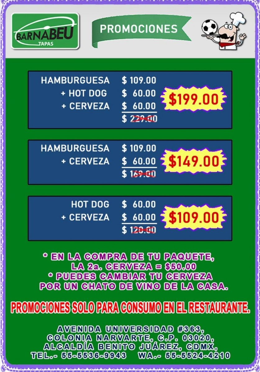 BarnabeuTapas's tweet photo. Día de acción deportiva, UEFA League, NFL, @LigaBBVAMX con la liguilla, aprovecha cualquiera de las promociones de hoy, dile a quien te atiende cuál quieres aplicar. Te esperamos. https://t.co/TyRkdA5OPQ