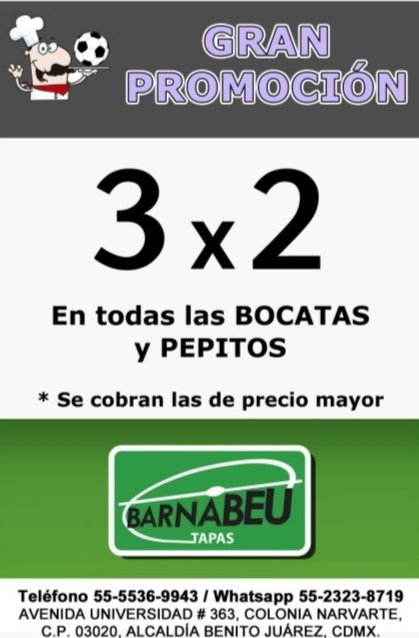BarnabeuTapas's tweet photo. Día de acción deportiva, UEFA League, NFL, @LigaBBVAMX con la liguilla, aprovecha cualquiera de las promociones de hoy, dile a quien te atiende cuál quieres aplicar. Te esperamos. https://t.co/TyRkdA5OPQ