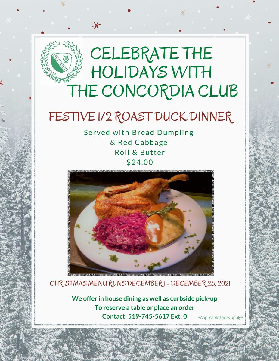 concordiac's tweet photo. It's almost December 1st! Time to call and make your reservation for our traditional Duck Dinner for the Holiday season! https://t.co/KXu1scps5p