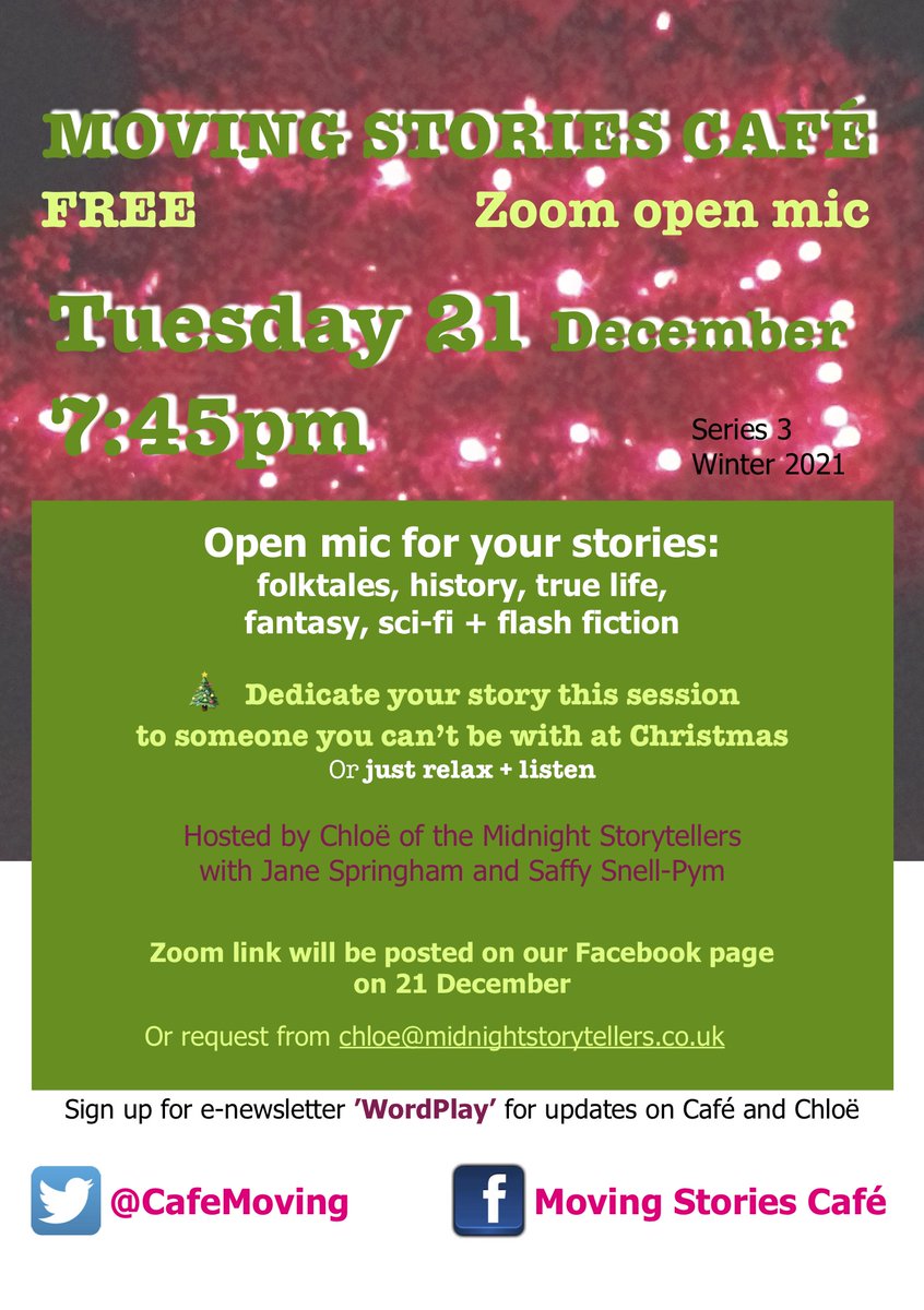 What will u bring to our 🎄 session? Tues 21 Dec.
Dedicate your story to someone you can't b with at Xmas.
Optional theme: "turn towards the sun" - it's the longest night, then we're heading fr summer ☀️

Message us for Zoom link or see FB Event on the day.