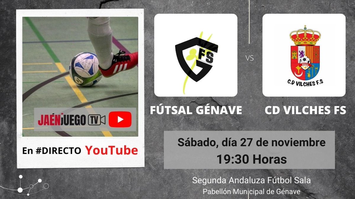 🚨RETRANSMISIÓN ‼

⚽FÚTBOL SALA | Nos lo estabais pidiendo y aquí está. Primera emisión de la liga provincial de futsal ‼

👉Y comenzamos fuerte, con duelo de aspirantes. Este sábado, desde las 19:20 h: <a href="/GenaveFutsal/">Génave Futsal</a> - <a href="/vilches_cd/">CD Vilches Fútbol Sala</a> ¿Dónde?👇

📺Enlace: youtu.be/kk1_eCb_vNM