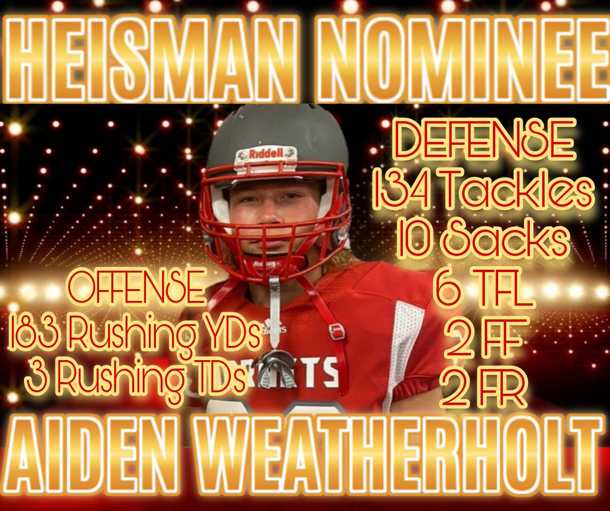 Heisman Nominee:
Aiden Weatherholt 
Defense
134 Tackles
6 TFL
10 Sacks
2 FF
2 FR
Offense
183 Rush YDs
3 Touchdowns 

Vote Now-Sunday 
(Poll pinned)