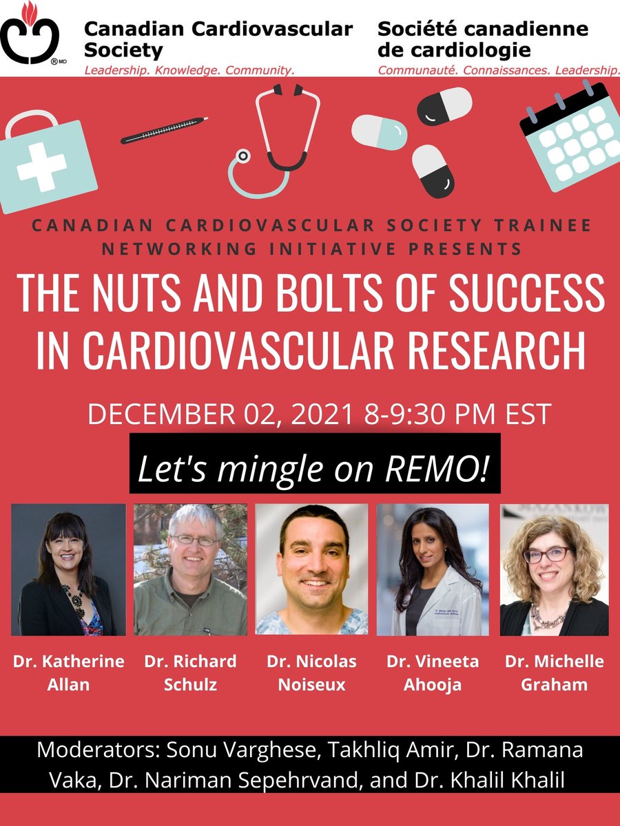 REMINDER: Don't miss the CCS Networking Initiative Working Group Event on The Nuts and Bolts of Success in Cardiovascular Research - Thursday, Dec 2 at 8PM EST on REMO. You can participate as a cardiovascular mentor or as a trainee. RSVP: ow.ly/jUxi50GWrsB