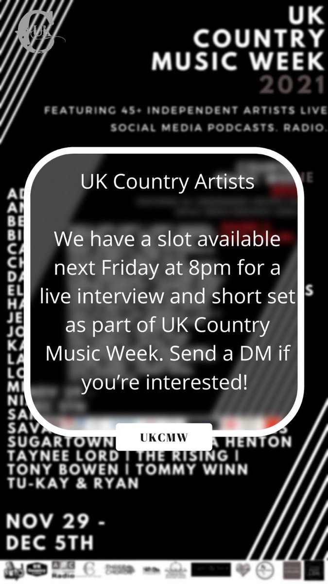 Country In The UK (@countryintheuk) on Twitter photo Attention UK country artists
We have a slot available next Friday at 8pm for our live interview and performance online as part of .<a href="/UKCMW/">UK Country Music Week</a>
#ukcountrymusic #countryintheuk Attention UK country artists
We have a slot available next Friday at 8pm for our live interview and performance online as part of .<a href="/UKCMW/">UK Country Music Week</a>
#ukcountrymusic #countryintheuk