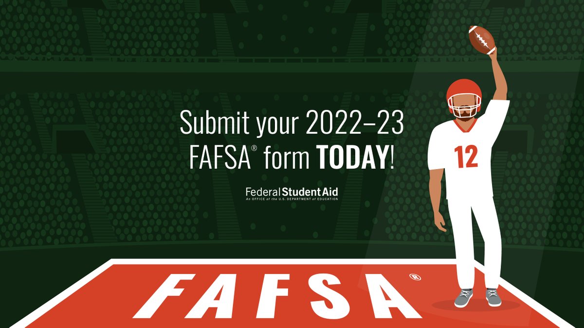 FAFSA's tweet photo. Celebrate submitting your 2022–23 FAFSA® form with an end zone dance! 

End zone optional 😉 https://t.co/wdDmg7cr0I https://t.co/LTqrGryrKI