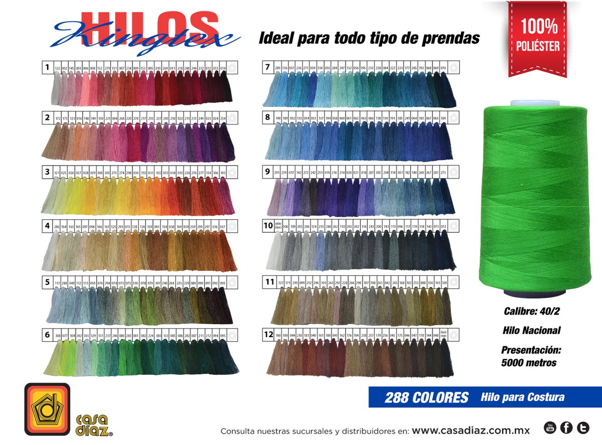CasaDiazMX's tweet photo. El Hilo #Kingtex Costura es un hilo calibre 40/2 o 30 TEX que es el calibre estรกndar, es decir el que mรกs se usa para todas las aplicaciones de costura de prendas. Encuรฉntralos en tu sucursal mรกs cercana o mรกndanos un WhatsApp para precios y mรกs informaciรณn al ๐ฒ (55)7843-7606 https://t.co/1txn0Nxybb