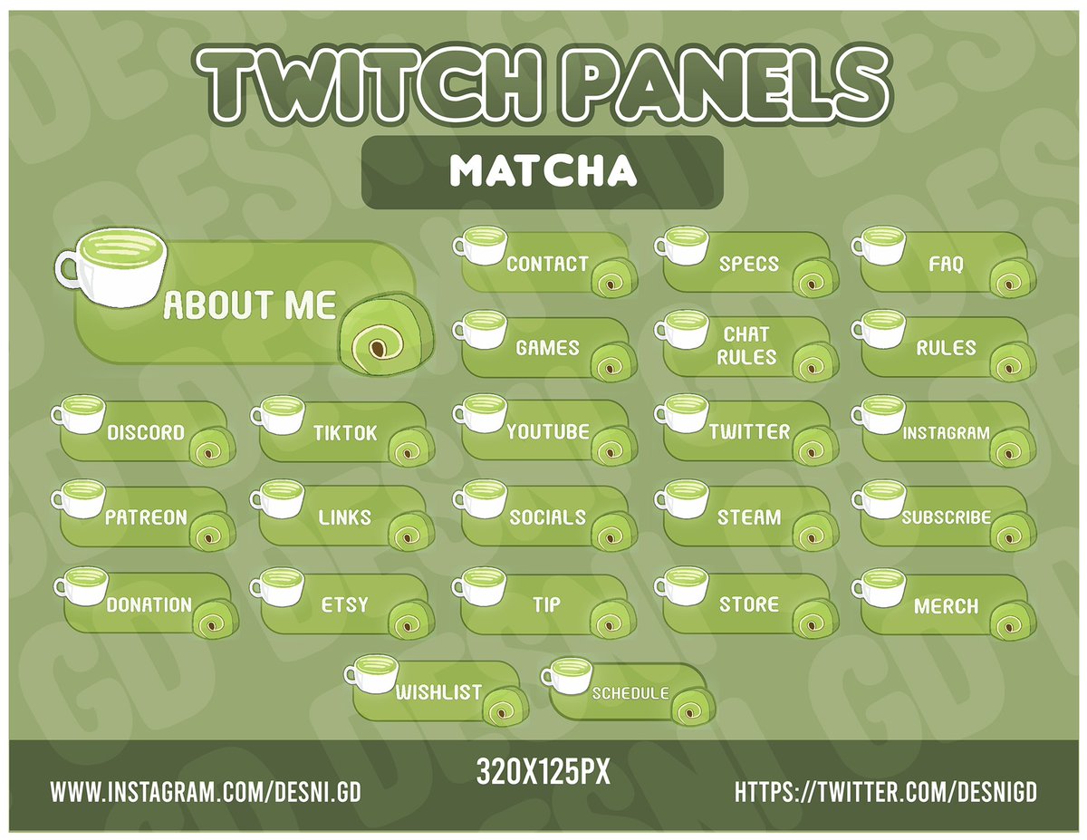 desnigd's tweet photo. I designed my first set of panels! 

Matcha inspired panels for twitch, youtube, facebook, etc.

if you are interested in purchasing this set, let me know and send a message! 

please credit if used <3 RTs are appreciated. #VTuberAssets #streamassets #twitchpanels #streampanels https://t.co/a6vzgrtVZY