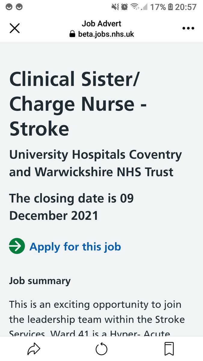 Gayle O'Byrne (@gayle2582) on Twitter photo <a href="/UHCWStrokeTeam/">UHCW Stroke Team</a>
is a fabulous and dynamic team to join and gain leadership skills #patientfirst #newchallange Centralisation of the service will be commencing in 2022 #excitingtimes. Please contact for further information
beta.jobs.nhs.uk/candidate/joba… <a href="/UHCWStrokeTeam/">UHCW Stroke Team</a>
is a fabulous and dynamic team to join and gain leadership skills #patientfirst #newchallange Centralisation of the service will be commencing in 2022 #excitingtimes. Please contact for further information
beta.jobs.nhs.uk/candidate/joba…