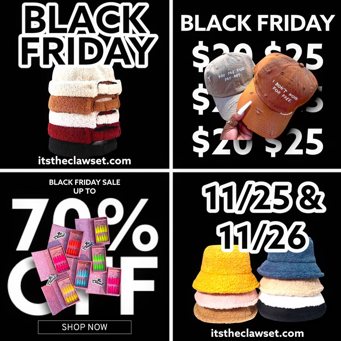 artsygalnish's tweet photo. i’m so thankful for y’all . enjoy these discounts ❤️ my black friday sale starts tonight at 8 PM est 🥵 $20-25 baseball caps . $30 cozy beanies &amp; buckets . $35 clawsets . while supplies last ✨https://t.co/VoZ9pTfK7S https://t.co/v524U8huam