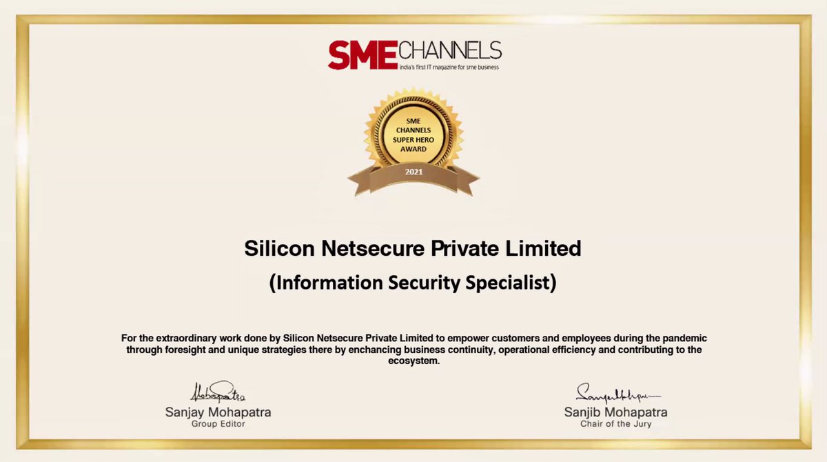 Siliconetsecure's tweet image. “Winning isn’t getting ahead of others. It’s getting ahead of yourself”

Very proud to announce that Silicon Netsecure has won the SME Channels Information Security Specialist award for the Year 2021.

Thank you @sanjayaccent, Sanjib Mohapatra and SME Channels for the motivation.