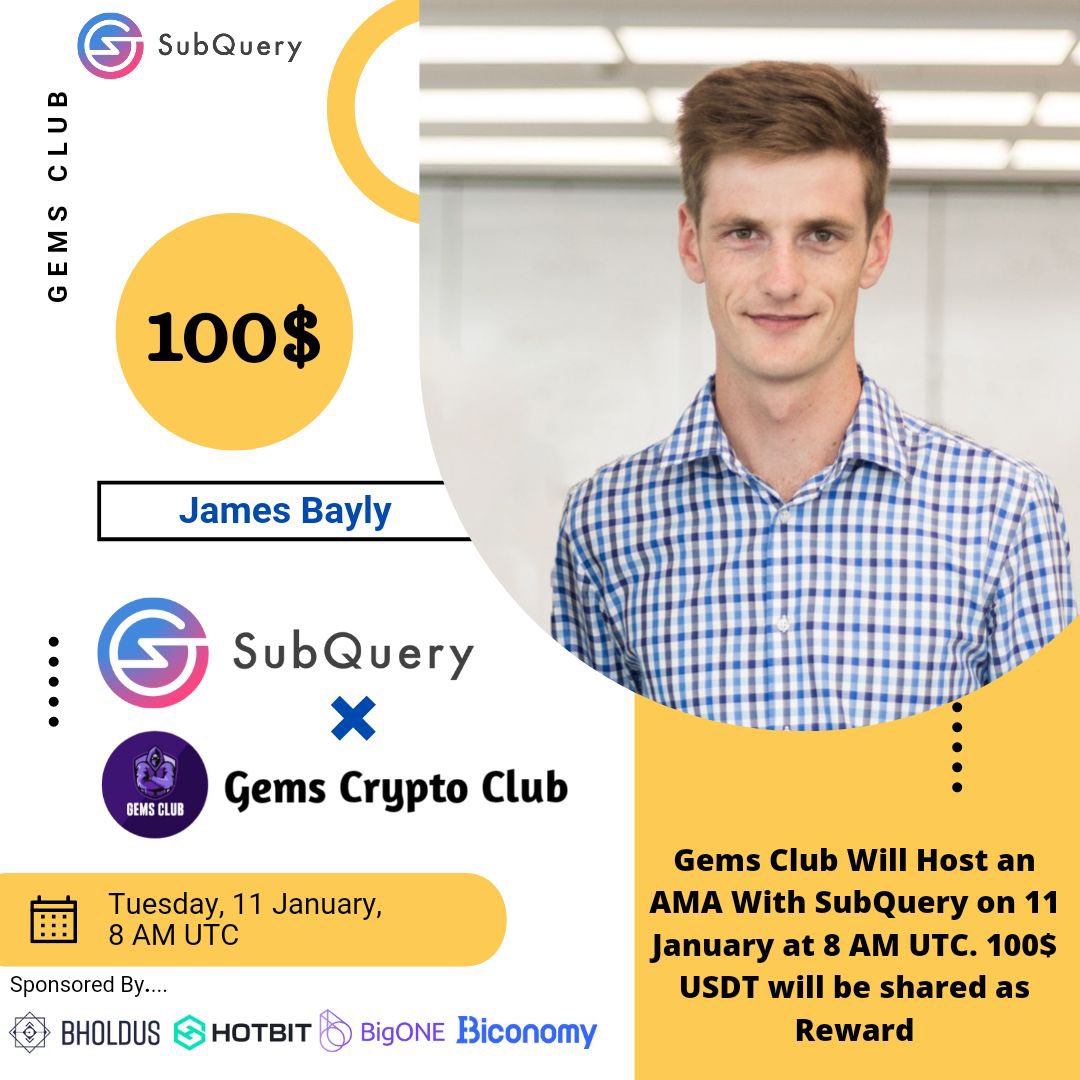 cryptobyHash's tweet photo. 📢 We're pleased to announce that our #AMA 🚀with @SubQueryNetwork  is on 11th Jan at 8:00 AM UTC

💰 Reward Pool:100$
🏠 Venue: https://t.co/VJCj0E2izE
🚦 Rules:
✔️ Follow @Gems_Club_ama &amp; @SubQueryNetwork 
✔️ Like &amp; Retweet
✔️ Comment Questions &amp; Tag 3 Friends #BTC   #bnb  #eth https://t.co/jgkTHVPmcn