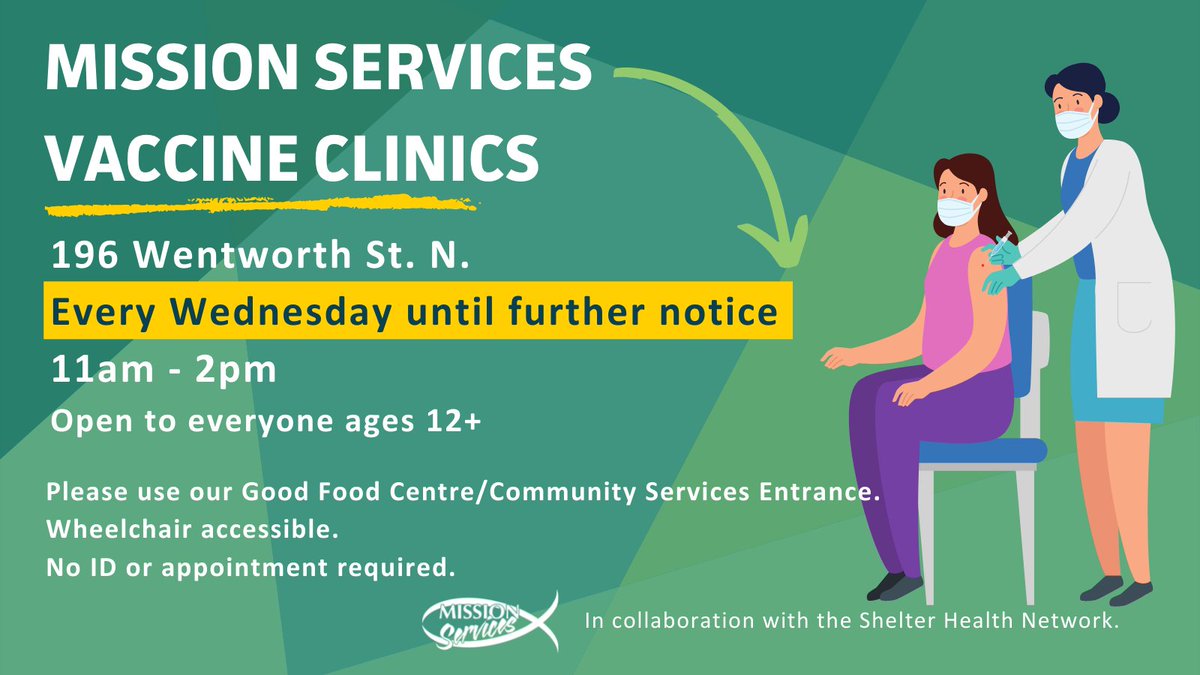 VaxHuntersON's tweet photo. Hamilton - Born 2009 or earlier - 1st, 2nd and 3rd dose
Every Wednesday from 11am to 2pm @ Mission Services (Good Food Centre entrance) - 196 Wentworth St. N.
3rd dose to those qualifies only.
Walk-in!
#covid19ON #COVID19vaccine
#vhcON #vhcDose2 https://t.co/g3oJ9kCSJc