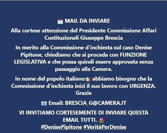 MissingDeniseMp's tweet photo. 🔴 MAIL DA INVIARE IN MASSA. 
In nome del popolo italiano 

VI INVITIAMO CORTESEMENTE DI INVIARLA TUTTI IN MASSA. Grazie

#DenisePipitone #VeritàPerDenise https://t.co/Cqlhdb1IkJ
