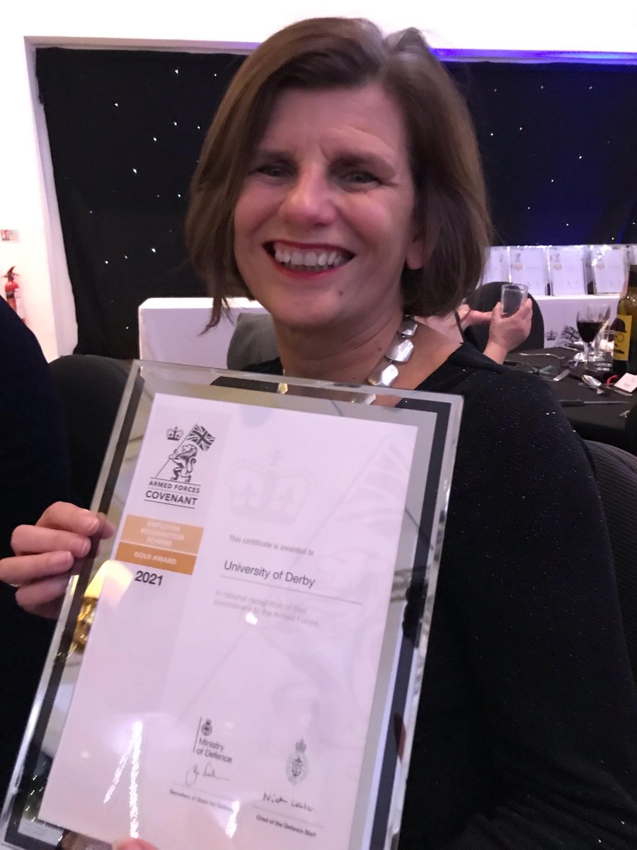 We are delighted to have won Gold in the Ministry of <a href="/DefenceHQ/">Ministry of Defence 🇬🇧</a> Employer Recognition Award Scheme 2021 celebrating our commitment to the Armed Forces. <a href="/DerbyUniVC/">Prof Kath Mitchell CBE</a> #derbyunisuccess