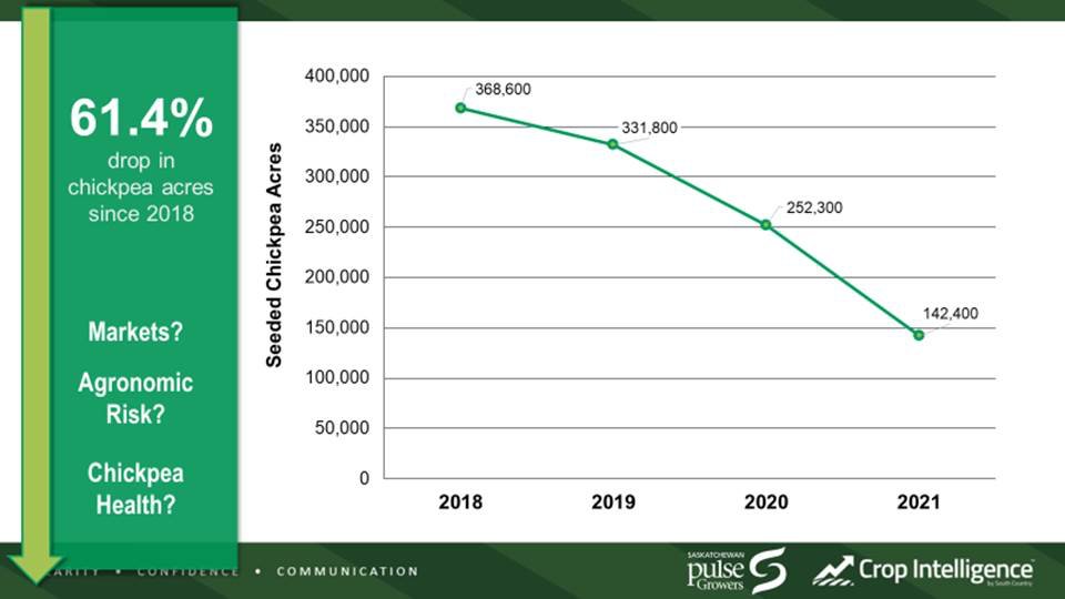 CropIntel's tweet photo. Over the last 4 years chickpea acres in SK have dropped over 61%.  Join us at the #CropIntelSummit21 to hear more from @SaskPulse's Sarah Anderson and and @cropintel's Vanessa Bell as they discuss a collaboration bwtween SPG, Crop Intelligence, and chickpea growers in southern SK https://t.co/jqyoc2KGow