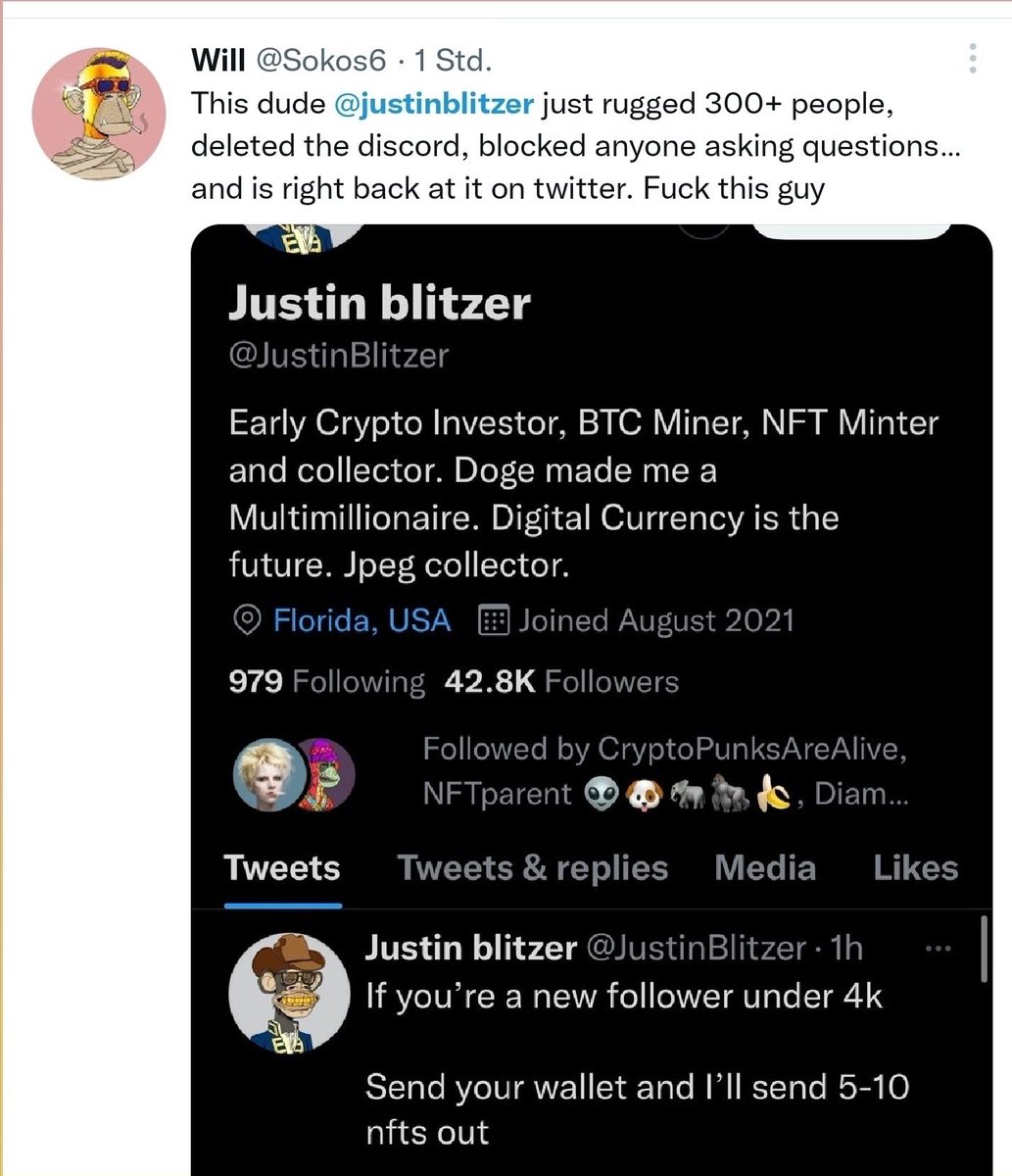 go2nft's tweet photo. @CryptoMamaMel @BlitzerJustin @JRNYcrypto Scam He scammed 300 people almost 90ETH if you are a victim please DM me we are going after. Him to make this community clean @garyvee @JRNYcrypto https://t.co/hEen9jK6PM