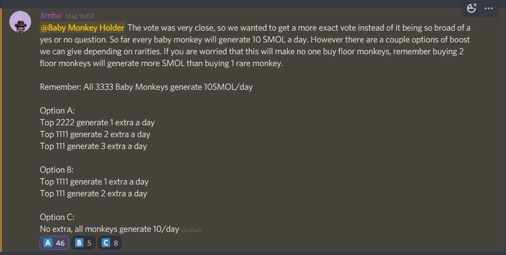 Leaking the DAO vote from <a href="/BabySolanaMBS/">BabySolanaMBS (SOLD OUT)</a> - super under radar right now. $SMOL token is being launched, and utilities for token is not far away. Microcap which is partnering with solanavision nft launchwebsite. #SolanaNFTs $SOL 3333 supply, one of the cuter babymonkeys. #MagicEden