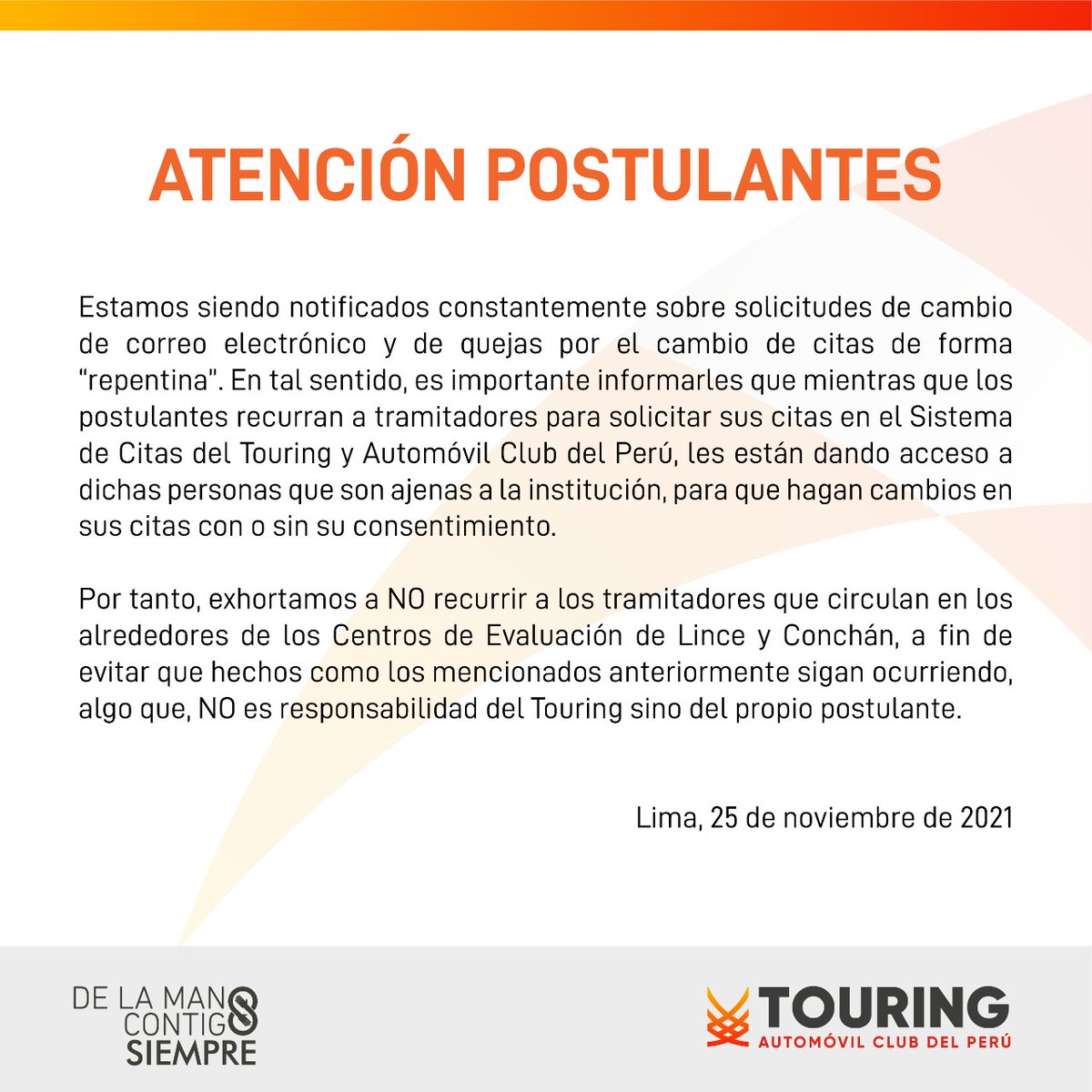 IMPORTANTE
Aviso para nuestros postulantes en sedes Lince y Conchán🚩