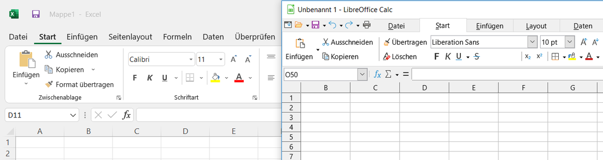 LibreOffice Calc's user interface shows five more rows in a spreadsheet, when compared to MS Office. If you prefer seeing more content rather than the app, the winner is <a href="/libreoffice/">LibreOffice</a>