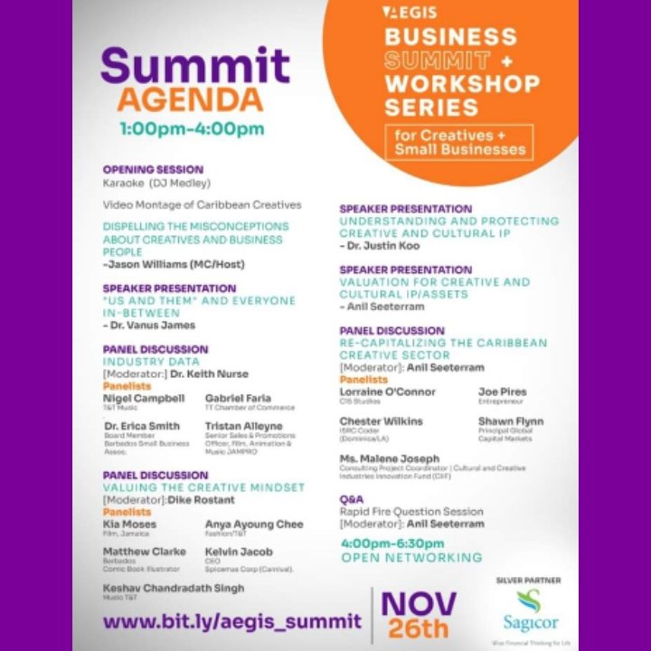 At <a href="/aegistt/">Aegis Business Solutions</a> and <a href="/blackcollar_art/">Black Collar Creative</a> we believe that that our Caribbean future is going to be an #OrangeEconomy, steeped in the creative and cultural industries! Visit aegistt.com for more info on the final Summit event!