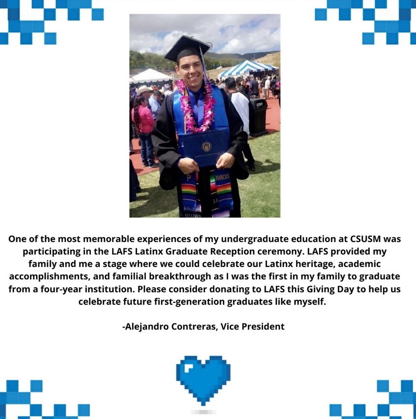 csusm_lafs's tweet image. 4 days left 😊 Save the date to help raise funds for #LAFS #Scholarships 11/30/21
See what Alejandro, LAFS Vice-President, has to say about why you should consider donating.
#HeartofaCougar #CSUSMGivingDay #LAFS #Latinx #Education #SiSePuede #FirstGenStudents
