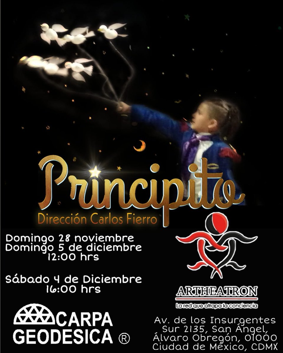 Tengo 2 #pasesdobles para que lleven a sus chiquillos a ver El Principito este dom 28 nov 12 pm en la Carpa Geodésica da #rt #sígueme sigue a <a href="/_artscene/">Artheatron</a> manda #sandymoon #yovoy una frase clásica de El Principito con una imagen de tu personaje favorito del cuento y te los llevas